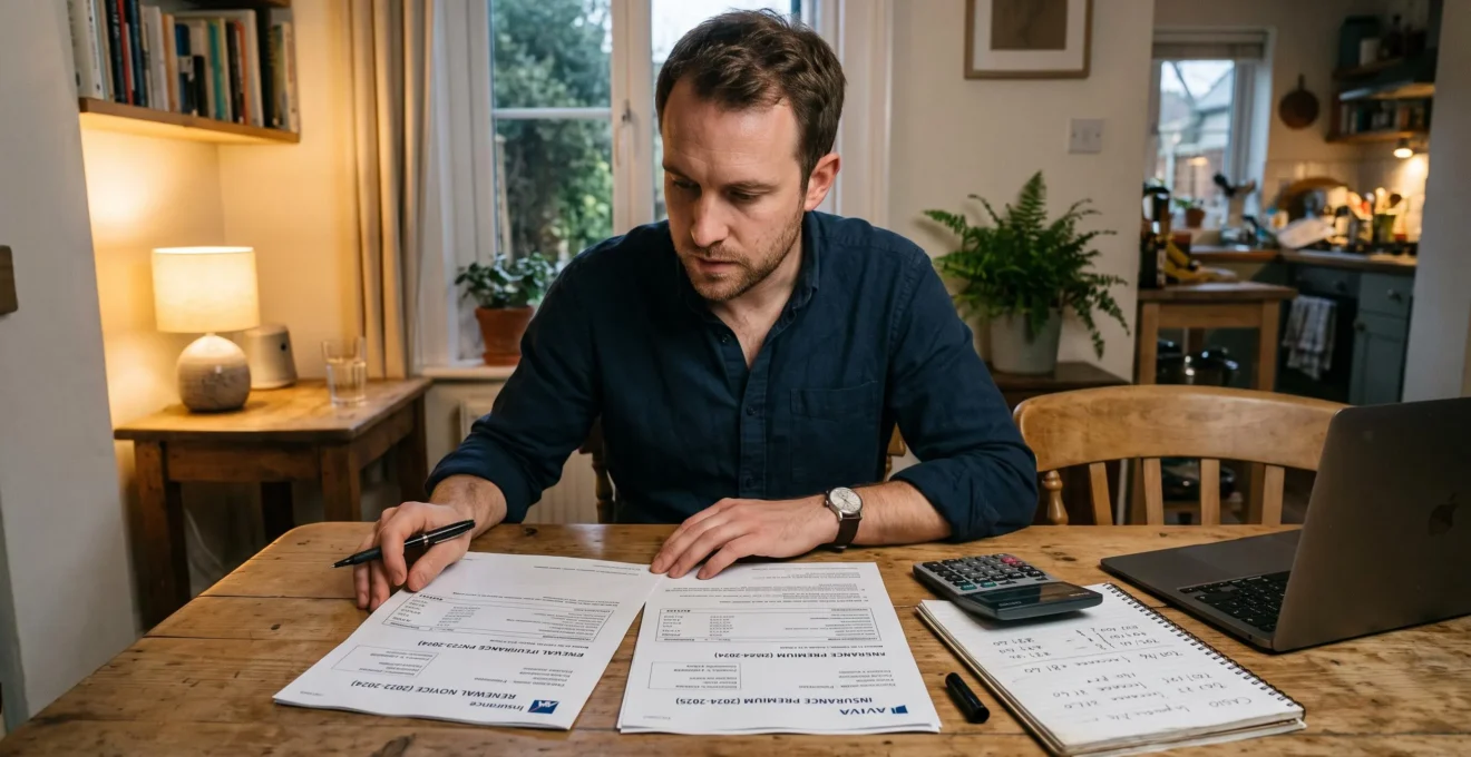 Un automobiliste compare à sa table deux avis de prime d'assurance auto, l'un antérieur et l'autre postérieur à une infraction routière.