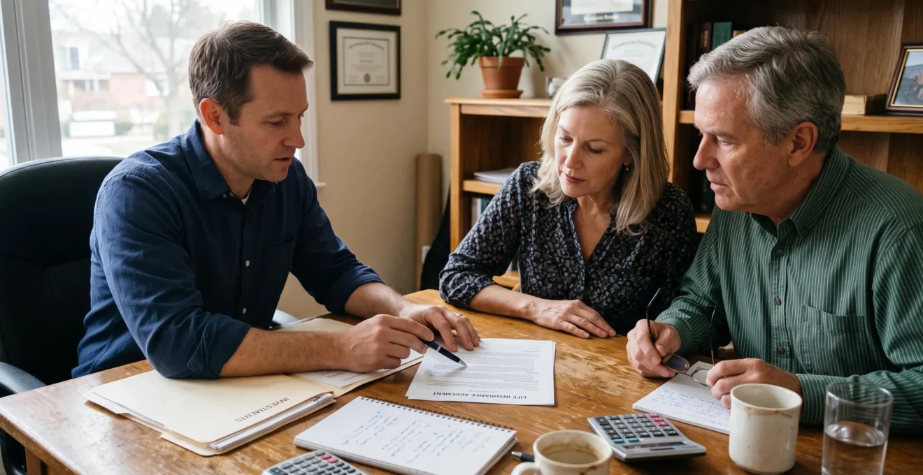 Un conseiller patrimonial présente un contrat d'assurance vie imprimé à un couple assis à la table de son bureau, en pointant une ligne du document avec un stylo.