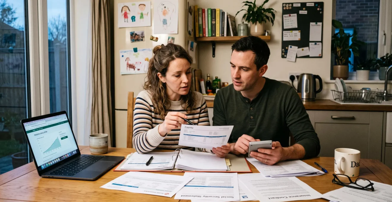 Un couple examine à la table de la cuisine des bulletins de salaire et des documents d'assurance pour évaluer la protection financière de sa famille.