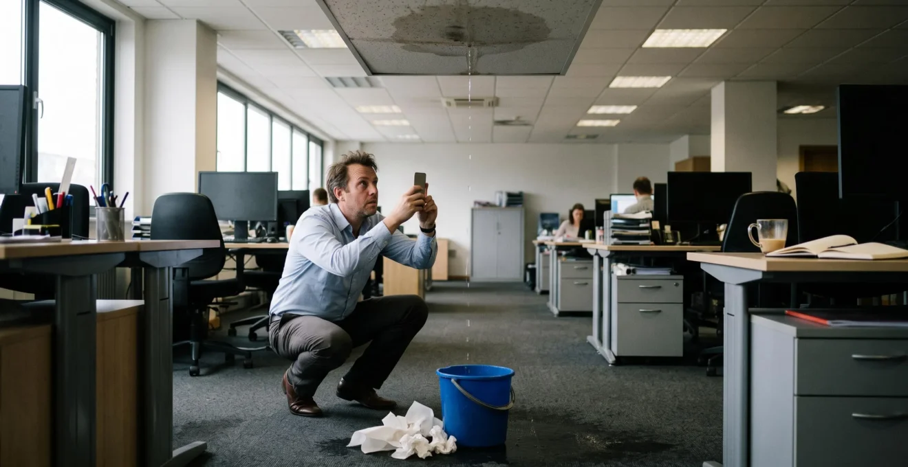 Un employé accroupi photographie avec son smartphone une tache d'humidité au plafond d'un bureau, l'eau s'égouttant sur le sol dans un seau posé à côté.