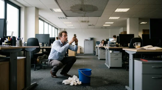 Un employé accroupi photographie avec son smartphone une tache d'humidité au plafond d'un bureau, l'eau s'égouttant sur le sol dans un seau posé à côté.