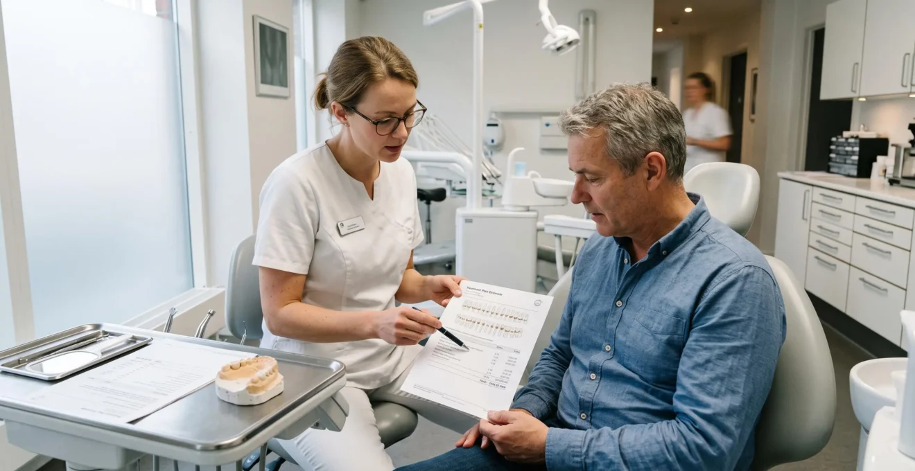 Un dentiste explique un devis de couronne dentaire à une patiente assise dans le fauteuil d'un cabinet dentaire.