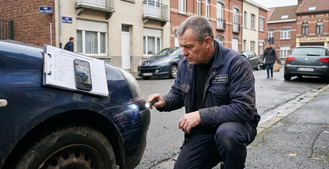 Un expert en véhicules examine de près la carrosserie d'une voiture d'occasion stationnée dans une rue, une liste de contrôle posée sur le capot.