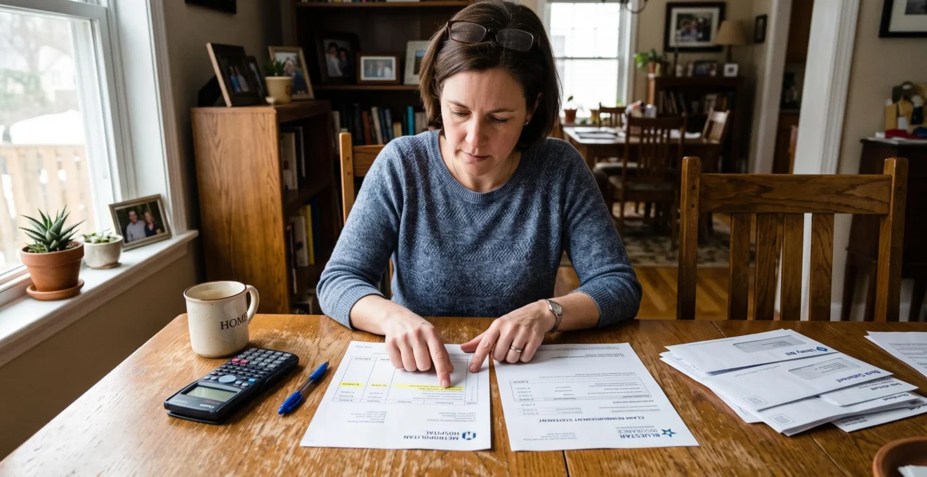Une femme compare à table un relevé de remboursement de la Sécurité sociale et une facture médicale, un calculateur à côté d'elle.