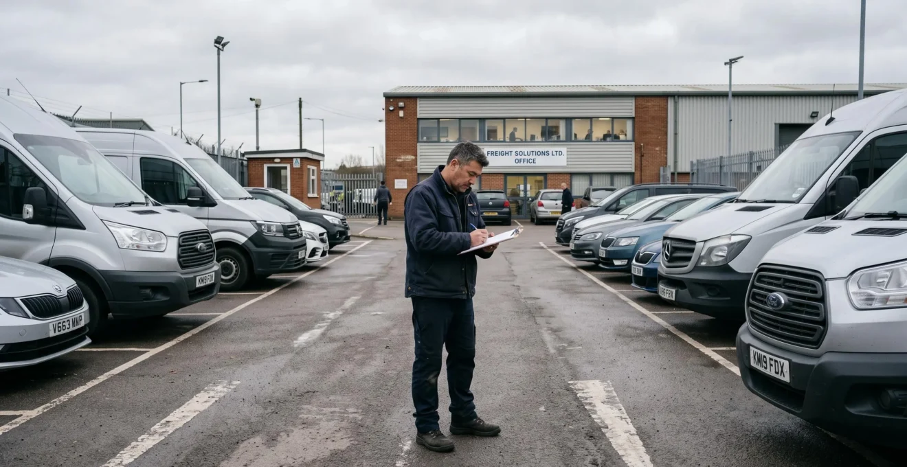 Un gestionnaire de parc automobile inspecte une voiture de société en notant des informations sur un presse-papiers dans un parking d'entreprise.