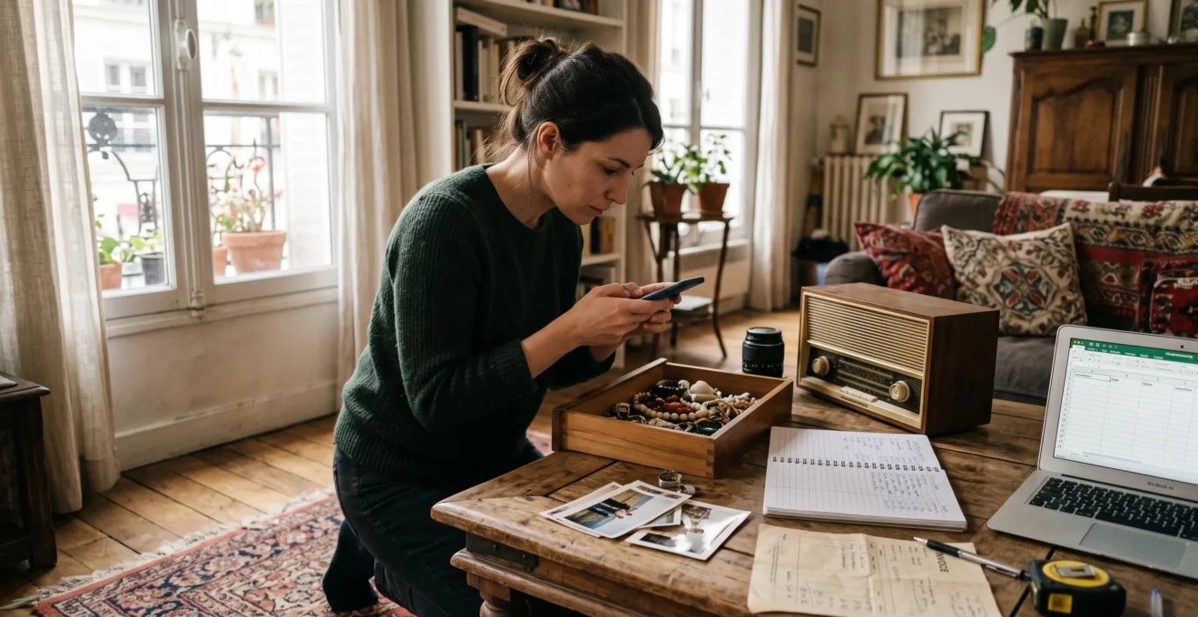 Une personne inventorie et photographie ses objets de valeur posés sur une table de son salon, un carnet d'inventaire et un ordinateur à côté.
