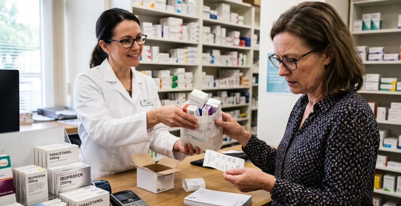 Un pharmacien remet un sachet de médicaments à un patient qui consulte un ticket de remboursement au comptoir d'une pharmacie.
