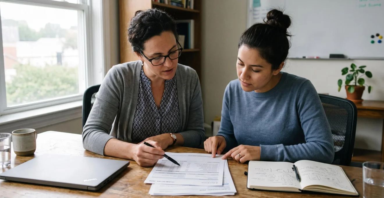 Une responsable des ressources humaines explique à une salariée des feuilles de remboursement de mutuelle posées sur une table de réunion.