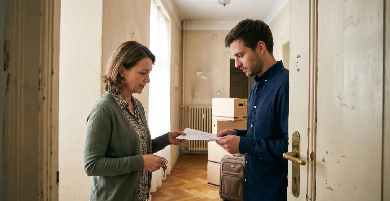 Un locataire remet une attestation d'assurance habitation à son propriétaire lors de la remise des clés d'un appartement.